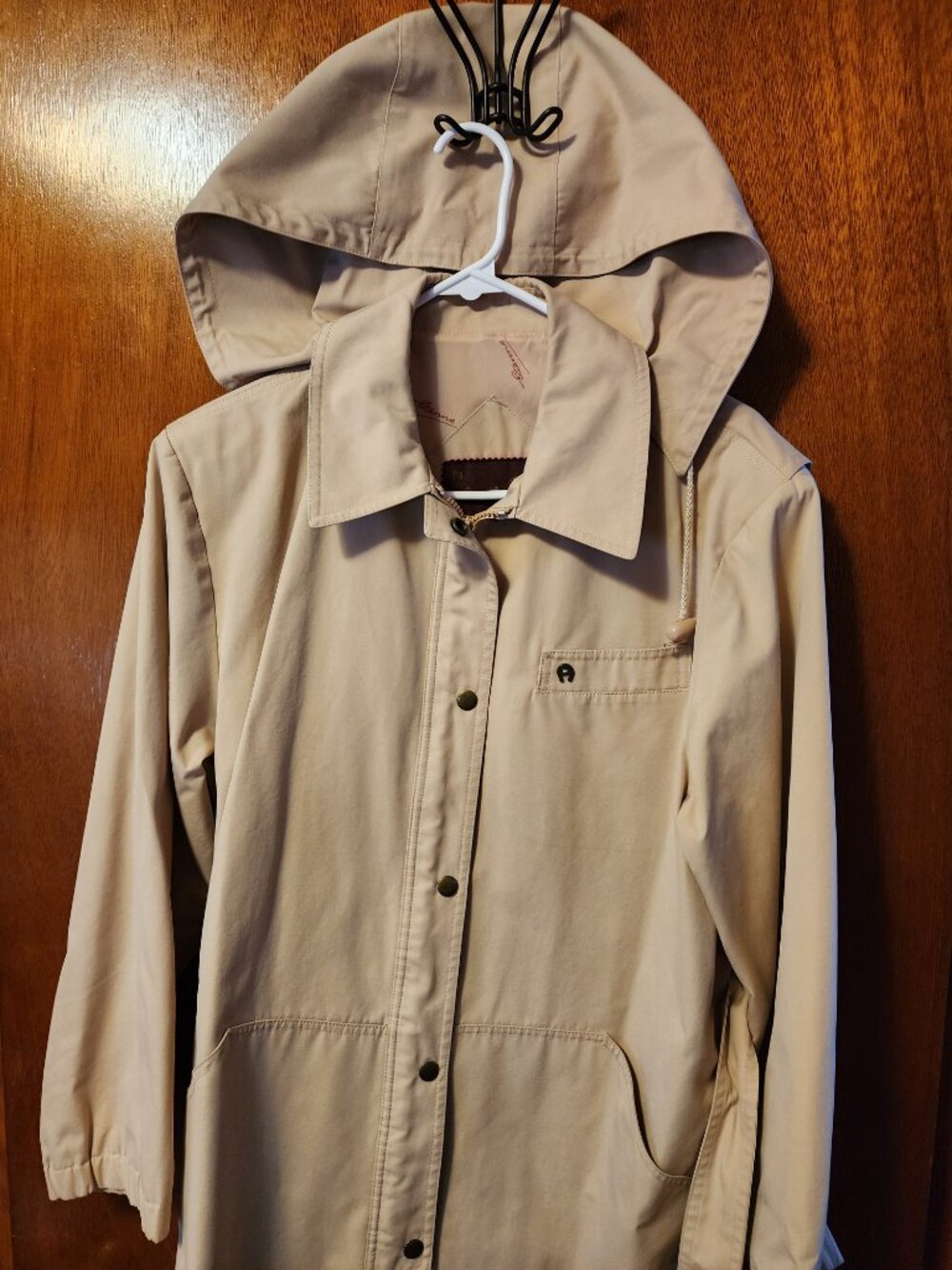 Women's 12 Reg Vintage Etienne Aigner Beige Belted Hooded Zip Up Trench Coat
